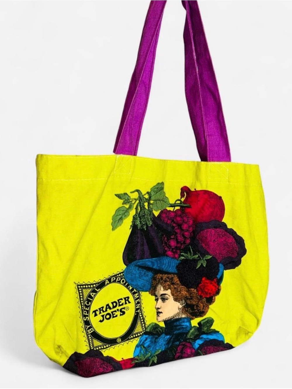 Trader Joe's Yellow Tote with Purple Handles and Vintage Graphic